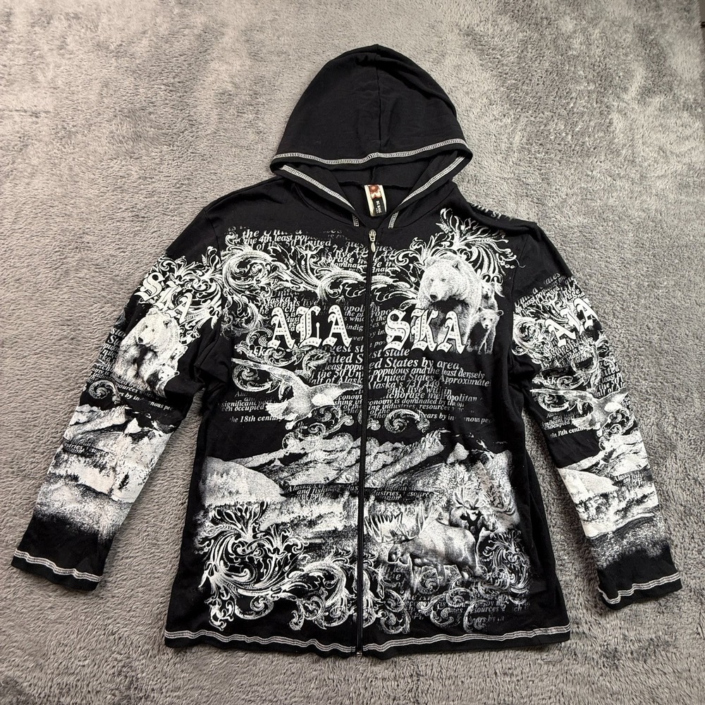 Vintage Y2K Alaska Hoodie Zip Up Womens L USA BIG BANG Rhinestones AOP
